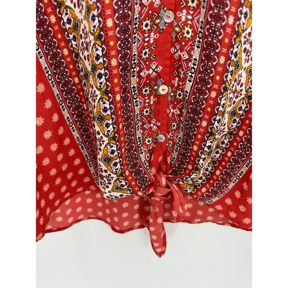 West Kei Top Women LARGE Talina Rust Red Printed V-Neck Tie Front Blouse - Picture 4 of 10